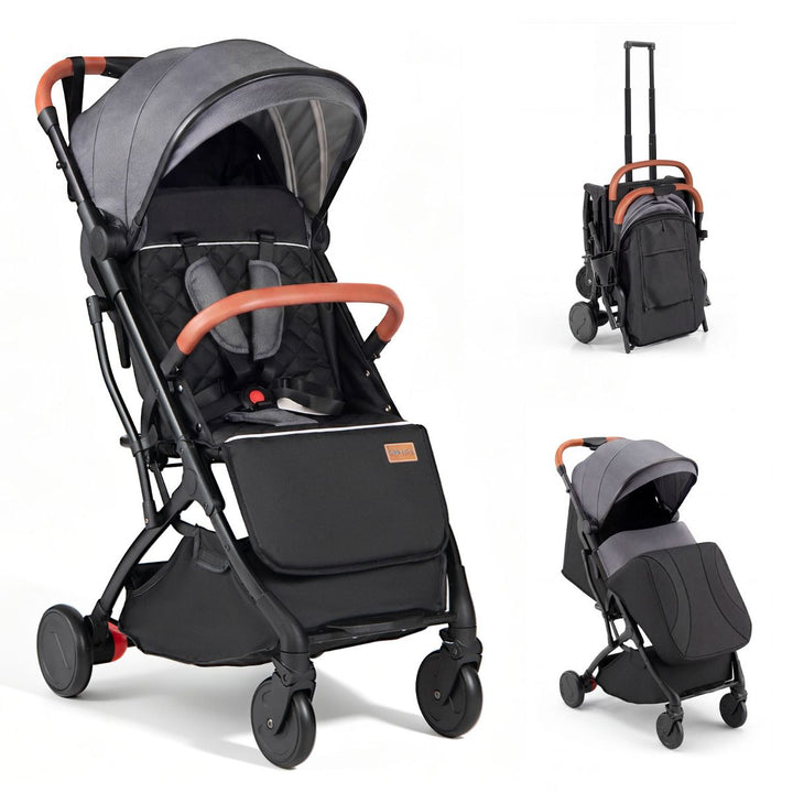 Grey folding stroller, product view with footmuff and folded configuration
