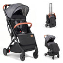 Grey folding stroller, product view with footmuff and folded configuration