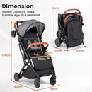 Grey folding stroller, supplier dimensions, capacity and age panel