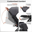 Grey folding stroller, backrest, canopy, footrest and footmuff panel