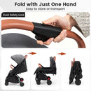 Grey folding stroller, folding sequence and handle controls
