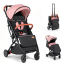 Pink folding stroller, product view with footmuff and folded configuration