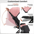 Pink folding stroller, backrest, canopy, footrest and footmuff panel