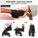 Pink folding stroller, folding sequence and handle controls