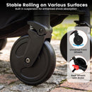 Stroller wheel suspension, swivel front wheels and rear brake details