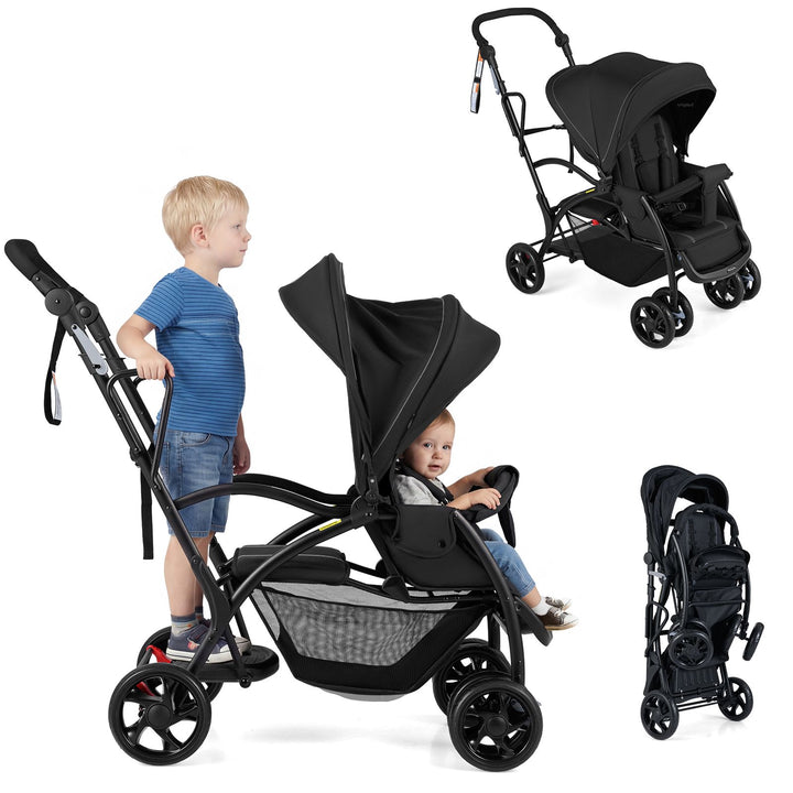 Black sit and stand double stroller, stroller, child positions and folded configuration