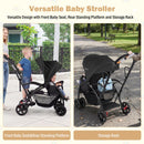Black sit and stand double stroller, front seat, rear platform and storage views