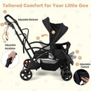 Black sit and stand double stroller, adjustable backrest, handlebar and footrest