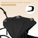 Black sit and stand double stroller, adjustable and removable canopy