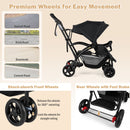 Black sit and stand double stroller, front swivel wheels and rear foot brakes