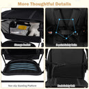 Black sit and stand double stroller, storage basket, front harness and rear platform restraint