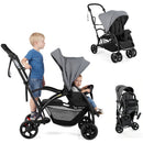 Grey sit and stand double stroller, stroller, child positions and folded configuration