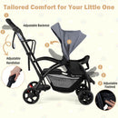 Grey sit and stand double stroller, adjustable backrest, handlebar and footrest