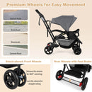 Grey sit and stand double stroller, front swivel wheels and rear foot brakes