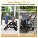 Grey sit and stand double stroller, front seat, rear platform and storage views