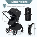 Reversible folding stroller, Black, dimensions and age