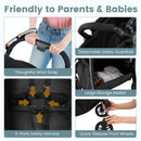 Stroller harness, wrist strap, bumper, storage basket and front wheel details