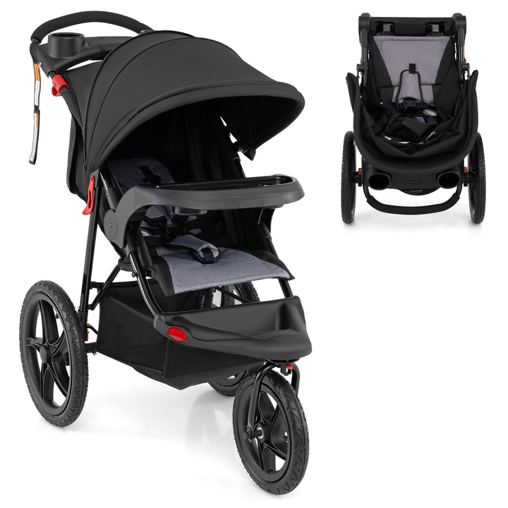 Black three-wheel stroller, whole stroller and folded view