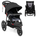 Black three-wheel stroller, whole stroller and folded view