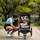 Black three-wheel stroller, seat and detachable child tray