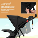 Black three-wheel stroller, reclining seat and adjustment strap