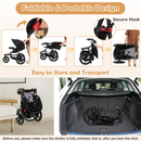 Black three-wheel stroller, folding sequence, storage hook and unfolding caution