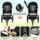 Black three-wheel stroller, child and parent trays, cup holders, harness and storage basket