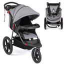 Grey three-wheel stroller, whole stroller and folded view