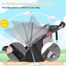 Grey three-wheel stroller, six-position canopy with zipper and viewing window