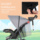 Grey three-wheel stroller, reclining seat and adjustment strap