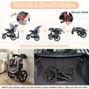 Grey three-wheel stroller, folding sequence, storage hook and unfolding caution