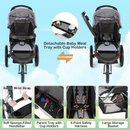 Grey three-wheel stroller, child and parent trays, cup holders, harness and storage basket