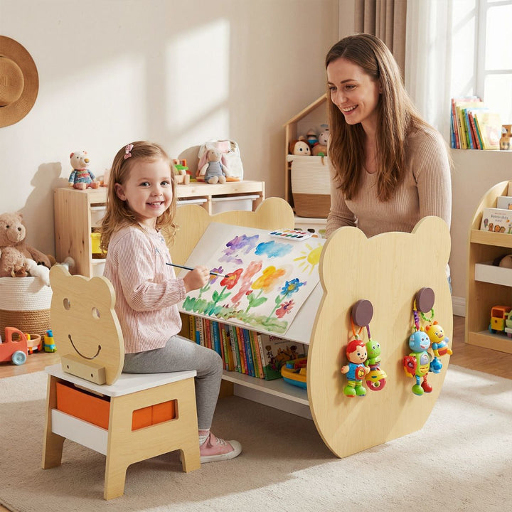 Bear-Themed Kids Art Table and Chair with Storage – Natural product view 1