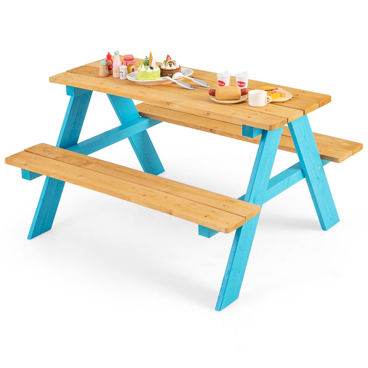 Blue and natural picnic table with two attached benches