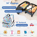 Blue five-piece kids luggage set: storage and construction details