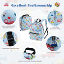 Blue five-piece kids luggage set: backpack features