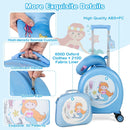 Blue mermaid luggage detail panel showing shell and fabric labels, a carry handle, zip pull, printed design and photographed pillow.