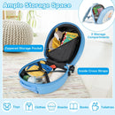 Open blue suitcase showing cross straps and a zipped storage section, with an inset of the mermaid backpack’s two compartments.