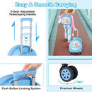 Blue mermaid suitcase panel showing three handle positions, the push-button locking control and a swivel wheel labelled 360 degrees.