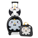 Black penguin suitcase and matching backpack on white, photographed with a neck pillow and luggage tag whose inclusion is unconfirmed.