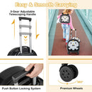 Black penguin suitcase panel showing three handle positions, the push-button locking control and a swivel wheel labelled 360 degrees.