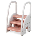 Pink and White three-step stool from the opposite side, showing the product age-warning label