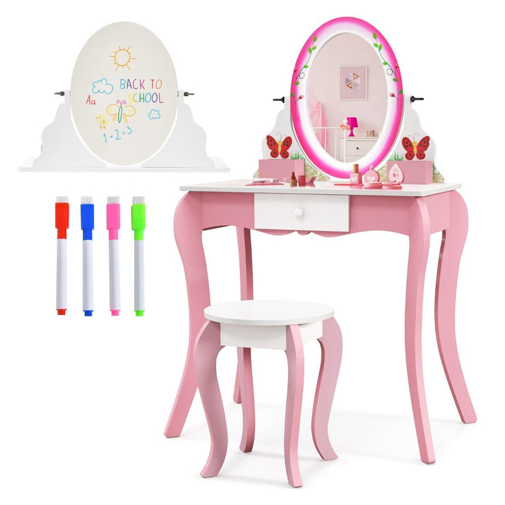 Butterfly Kids Vanity Set with Mirror and Whiteboard – vanity set with stool and four markers
