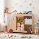 Car-Shaped Kids Bookcase with Soft-Toy Storage and Drawer – Natural product view 1