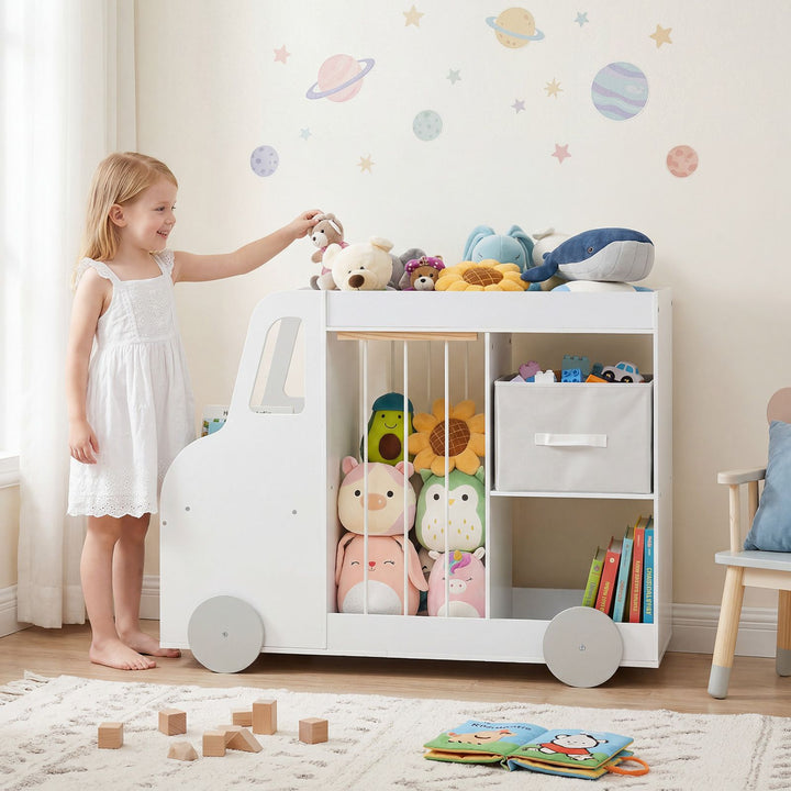 Car-Shaped Kids Bookcase with Soft-Toy Storage and Drawer – White product view 1