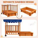 Separate sandpit slides underneath the playhouse
