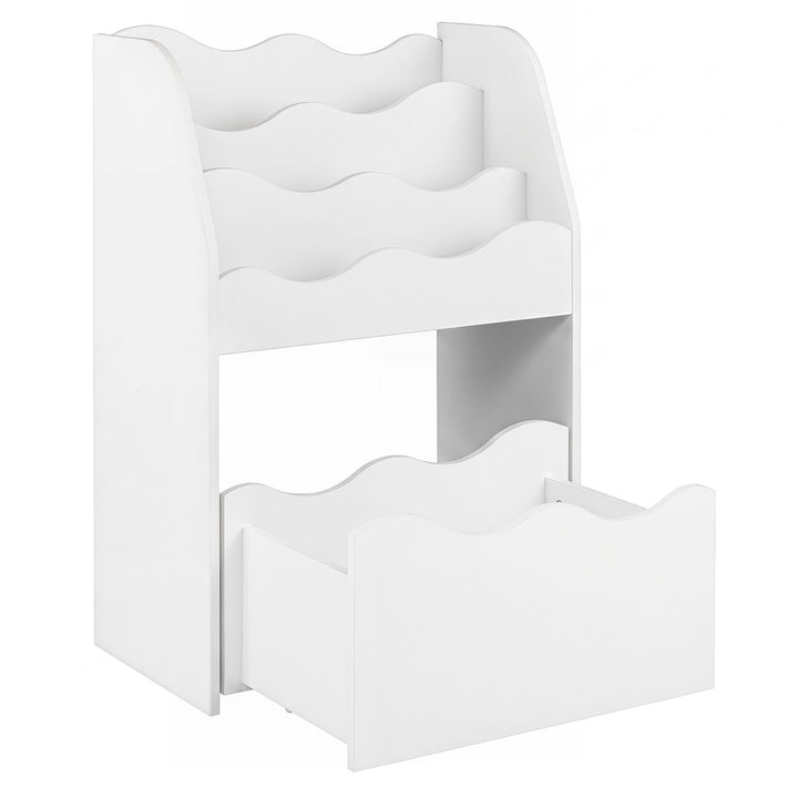 Compact Kids Book Display with Rolling Toy Drawer – White book display and drawer hero