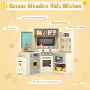 Corner Wooden Play Kitchen with Pull-Out Bin and Cookware in Beige, view 8