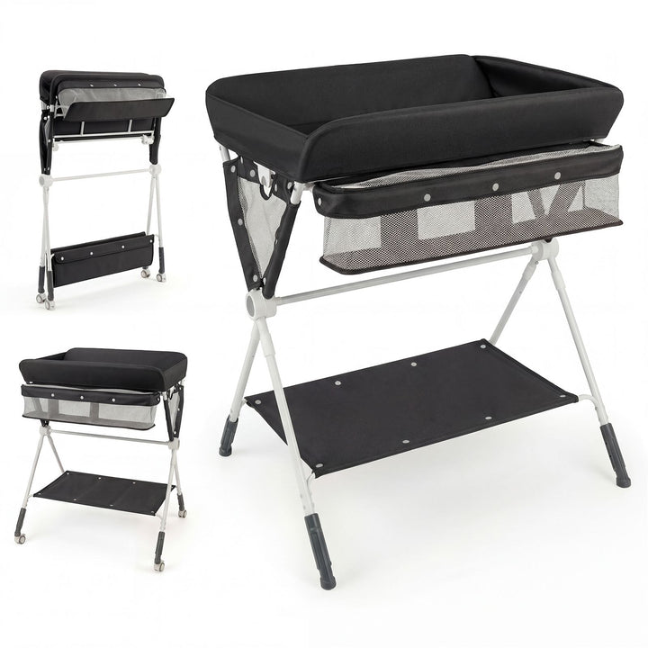 Foldable Baby Change Table with Lockable Wheels – Black, view 2