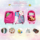 Open pink mermaid luggage compartments; displayed contents are styling props